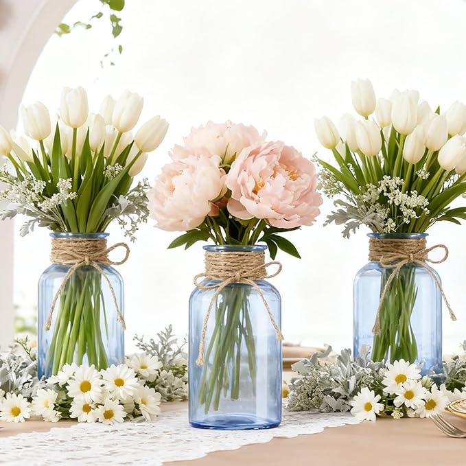Vintage Glass Flower Vase，3 Pack Farmhouse Blue Glass Centerpiece Vases Mason Jars for Weddings, Parties & Home Decor Bulk (3, Blue)