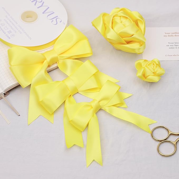 Lemon Yellow Satin Ribbon, Double Faced 2 Inch X 50 Yards Lemon Yellow Ribbon, Premium Satin Ribbon for Gift Wrapping, Crafts, Hair Bow Making, Sewing, Flower Bouquet, Wedding Party Decor
