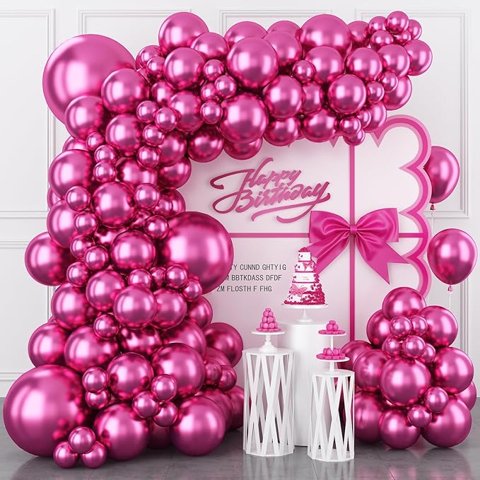 Togvu Chrome Hot Pink Balloons Different Sizes, 123 Packs Metallic Fuschia Pink Balloons, Pack of 18 12 10 5 Inch Shiny Fuchsia Balloon Garland Arch Kit for Girls Women Birthday Wedding Decoration