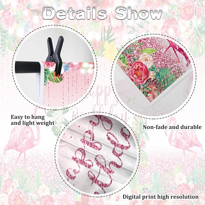 Renaiss 9x7ft Happy Birthday Backdrop Pink Flamingo Tropical Leaves Flower Hoop Winkle Hawaiian Photography Background Luau Aloha Party Decor Girls Birthday Photo Props Dessert Gift Table Banner