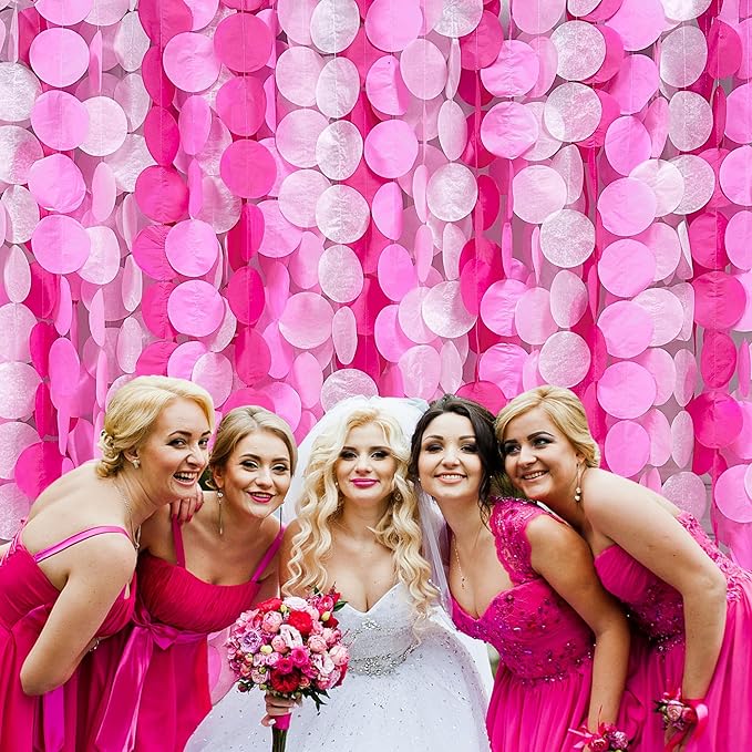 205Ft Hot Pink Party Decorations Big Polka Dots Backdrop Garland Rose Pink Circle Dots Tissue Paper Hanging Curtain Streamer for Bachelorette Birthday Bridal Shower Wedding Engagement Party Supplies