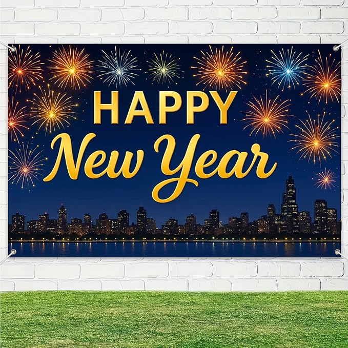 Happy New Year Banner 71x43 Inch Fireworks Skyline Party Wall Decoration New Year Photo Backdrop for Indoor Celebration Countdown Event Holiday Party Background Display