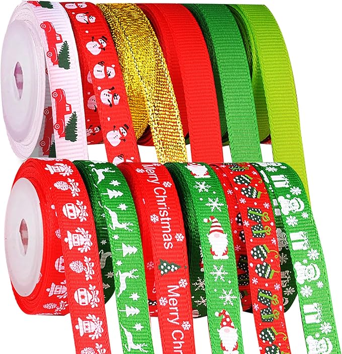 12 Rolls Christmas Wrapping Ribbons Grosgrain Satin Ribbons Red Green Gold Snowflake Merry Christmas Tree Snowman Santa Claus 10mm Wide for Holiday Festival Gift DIY Craft Decor, 60 Yard Total
