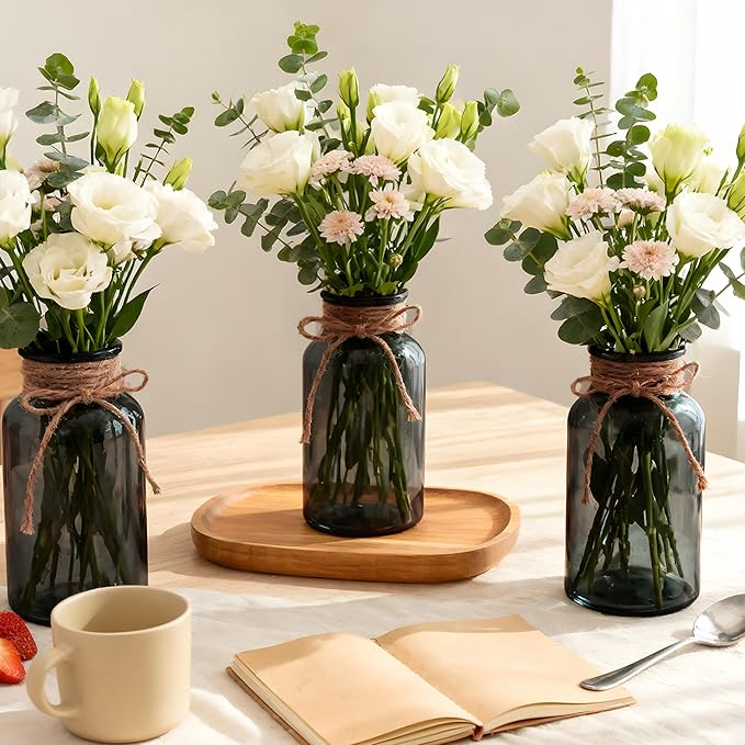 Vintage Glass Flower Vase，12 Pack Farmhouse Black Glass Centerpiece Vases Mason Jars for Halloween Weddings, Parties & Home Decor Bulk (12, Black)