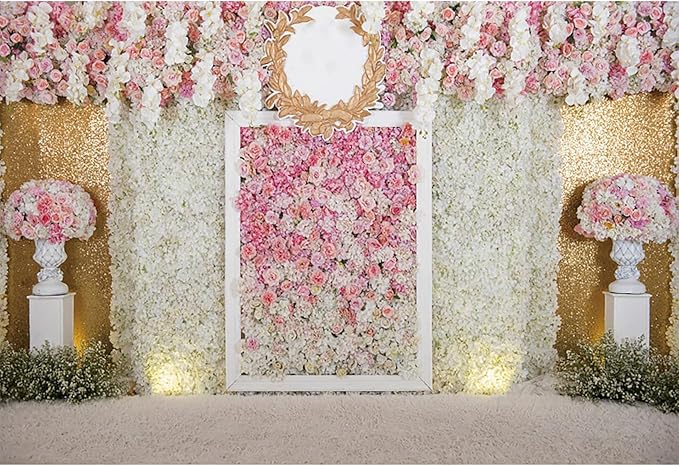 10x8ft Pink Flower Wall Photography Backdrop Proposal Ceremony Wedding Floral Photography Background Women Girl Birthday Party Bridal Shower Decor Banner Photo Booth Props
