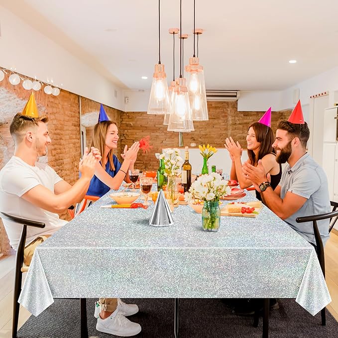 8 pcs Silver Holographic Tablecloths Shiny Disco Laser Table Cloths 40" x 108" Iridescence Plastic White Table Cover for Birthday Party Decoration Wedding Christmas Winter Grad Party Supplies