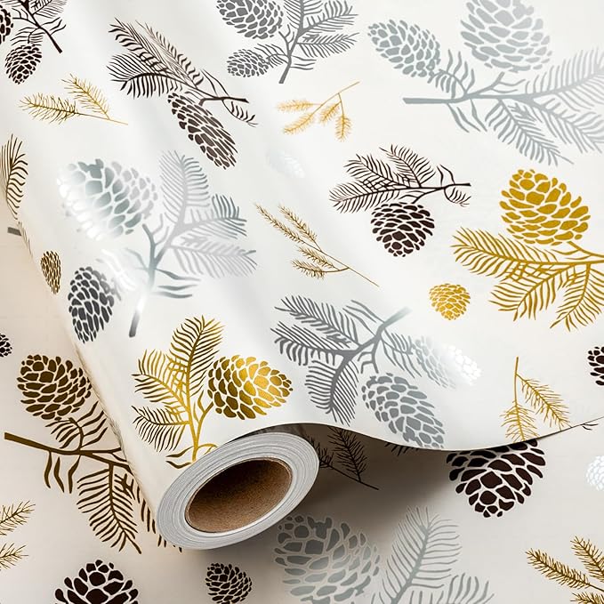 MAYPLUSS Luxury Christmas Wrapping Paper Roll - 17 Inch X 33 Feet - Beige Wrapping Paper with Gold and Silver Pine Cone, Needle Pattern Winter Motive Gift Wrap Paper for Christmas, Holiday, Birthday
