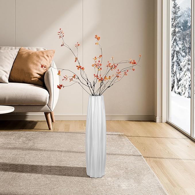 White Ceramic Floor Vase 17.7 Inches Tall, Large Floor Vases for Office,Farmhouse,Living Room Modern Home Décor,Simple Origami Design Fall Decorative Porcelain Flower Arrangement Vase Ideal Gift