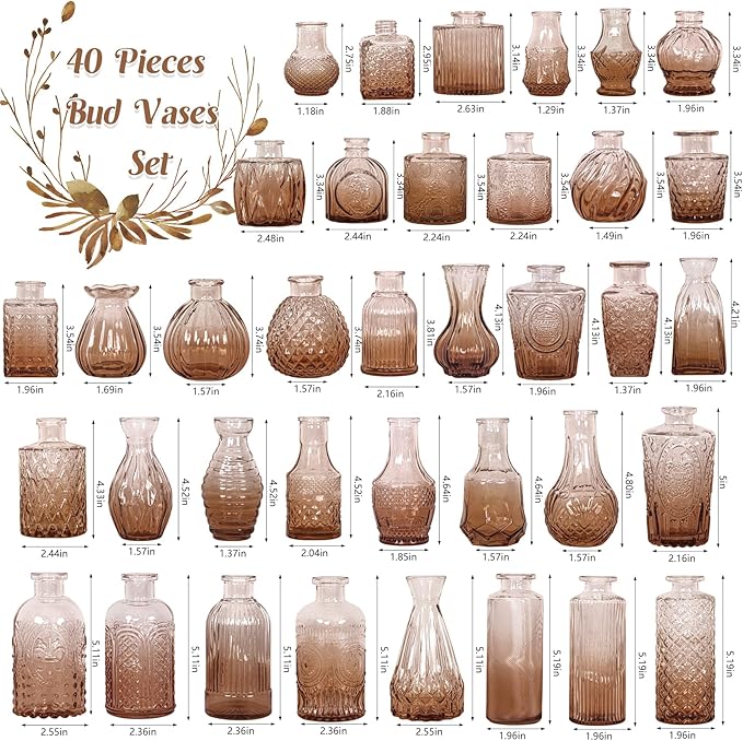 Set of 40 Glass Bud Vases, Small Amber Glass Vases in Bulk, Mini Vintage Embossed Flower Vase for Wedding, Centerpieces, Birthday Party, Baby Shower, Home Table Decorations (Amber)