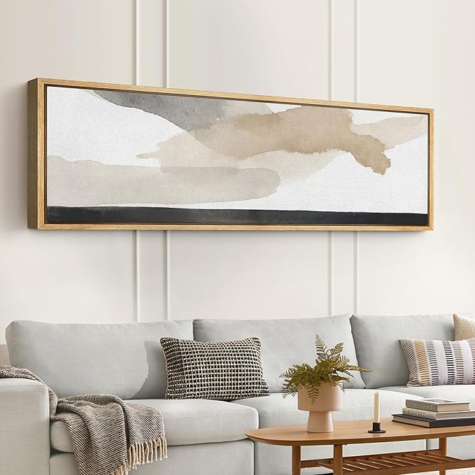 SIGNFORD Large Framed Canvas Print Wall Art Neutral Gray Beige Abstract Brushstroke Illustrations Modern Art Relax/Calm Warm for Living Room, Bedroom, Office - 60"x20"