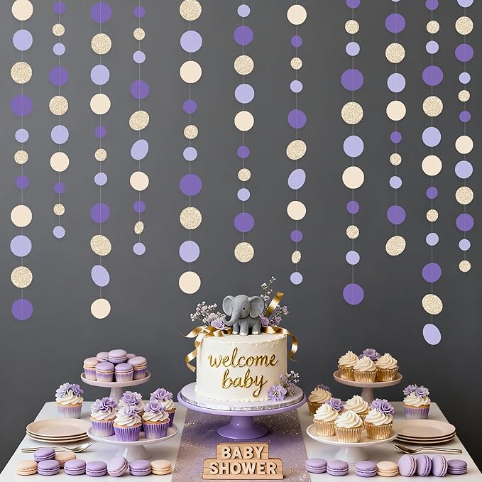 Champagne Gold Purple Cream Nude Polka Dots Garland Lavender Hanging Paper Circle Dot Streamer for Birthday Wedding Engagement Baby Shower Bridal Shower Lilac Violet Theme Party Decorations Supplies