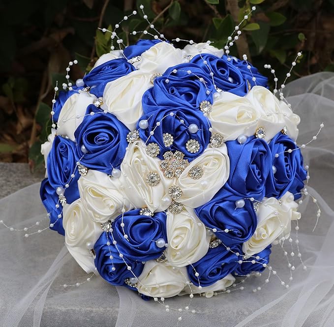Bridal Wedding Bouquet Round Bling Brooch Bouquet Throw Toss Artificial Rose Flower Bunch for Bride Bridesmaid Wedding Quinceanera(Royal Blue & Ivory, 8.7")