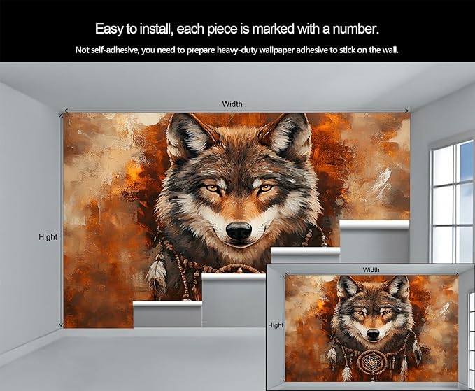 Wolf Dreamcatcher Wall Mural, Tribal Wolf 3D Wall Murals, Feathers Dreamcatcher Animal Totem Wallpaper Mural, for Living Room Bedroom Large Wallpaper Indoor Decor 98.4" W x68.9 H