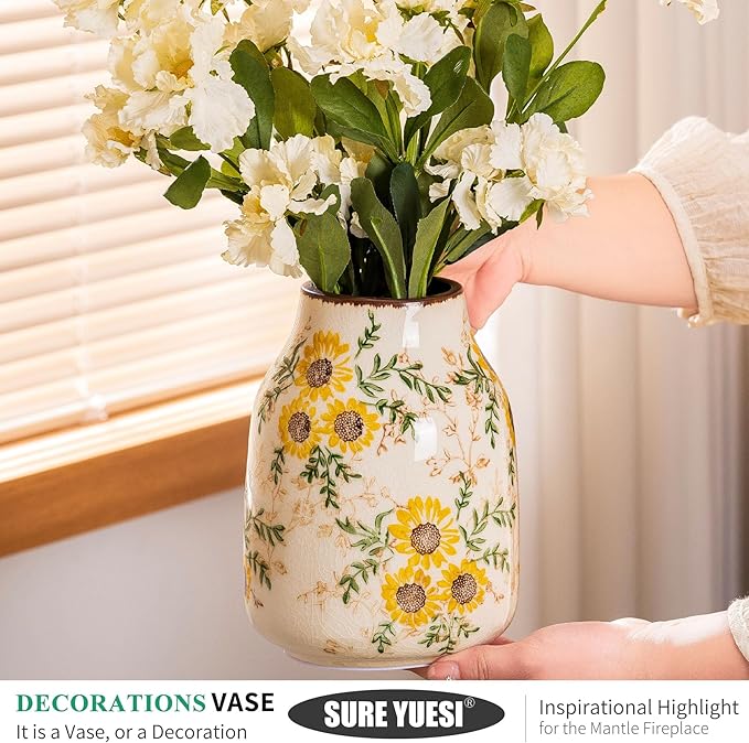 Sunflower Vintage Ceramic Yellow Floral Vase, Beige and Green Chinoiserie Home Decor for Fireplace Mantle, Table Centerpieces, Kitchen Counter, Tuscan, Cute Flower Vase for Living Room Office 7.8 Inch