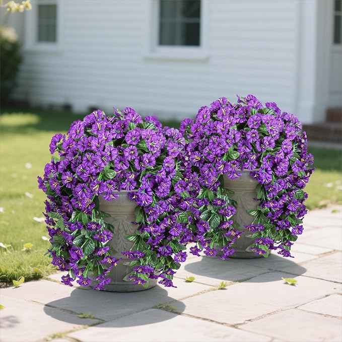 Artificial Faux Hanging Flowers Plants for Outdoor Outside Summer Decoration, 2 PCS Fake Silk Purple Morning Glory Trailing Vines UV Resistant Realistic for Porch Patio Balcony Planter