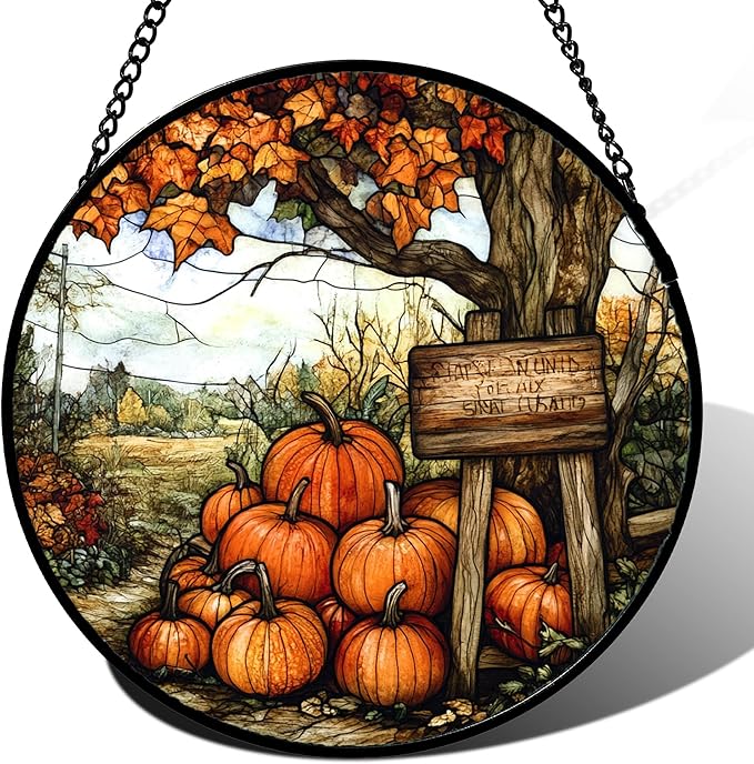 Stained Glass Window Hanging Fall Farm Scenery Maple Trees Pumpkin Large 11.8" - Suncatcher Door Garden Kitchen Sun Catcher Autumn Decor Birthday for Mom Nana Men Woman Friend