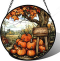 Stained Glass Window Hanging Fall Farm Scenery Maple Trees Pumpkin 7.8" - Suncatcher Door Garden Kitchen Sun Catcher Autumn Decor Birthday for Mom Nana Men Woman Friend