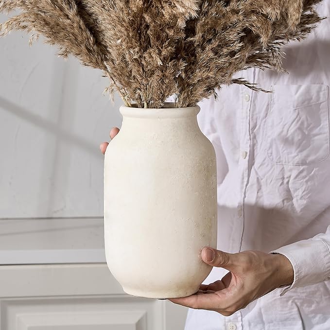 SIDUCAL Rustic Farmhouse Flower Vase | 9.5 Inch Large Ceramic Vase | Pampas Grass | Modern Farmhouse for Home Decor, Table, Living Room Decoration, Shelf Decor, Mantel, White
