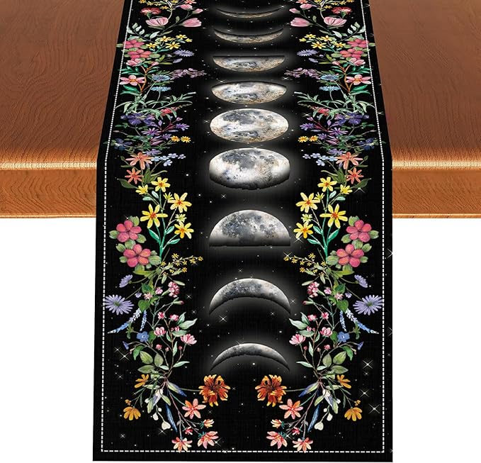 Boho Floral Table Runner, Spring Gothic Moon Phase Wildflower Mystical Witchy Farmhouse Coffee Table Center Decor for Home Kitchen Dining Patio Holiday Party Table Decorations 13x90 inches