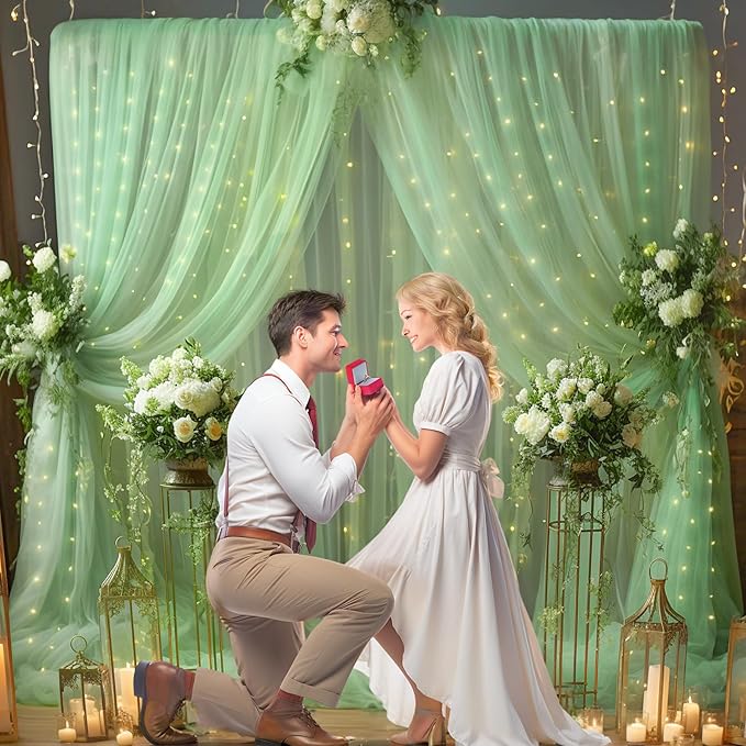 20ft x 10ft Green Backdrop Curtain with Lights String for Parties, Sheer Tulle Wedding Photo Backdrops Drapes for Baby Shower Birthday Party Decorations Background for Photography