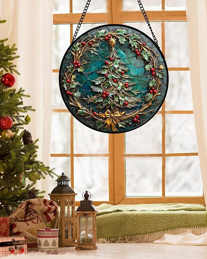 Stained Glass Window Hangings - Red Gold Green Wreath Suncatcher for Door Home Christmas Tree Decoration Sun Catcher Thanksgiving New Year Birthday Gift for Women Men Mom Grandma 7.8 in