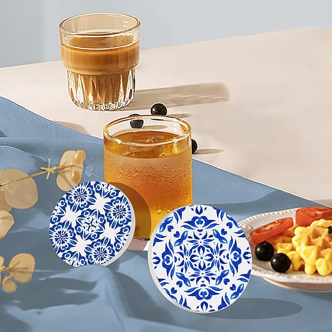 Drink Coasters Set of 6 with Holder, Handpainted Blue Pattern Absorbent Ceramic Coasters with Cork Base,Fit All Cups,Great Gift for Housewarming,Room Decor,Bar,Holiday Party