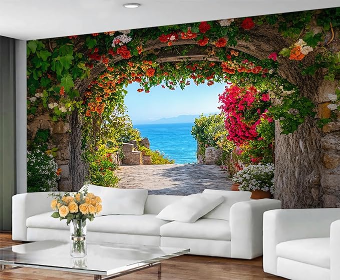 Mediterranean Arch Seaside Wall Mural, Flower Tunnel Ocean View 3D Wall Murals, Greek Island Style Wallpaper Mural, for Living Room Bedroom Large Wallpaper Indoor Decor 157.5" W x110.3 H
