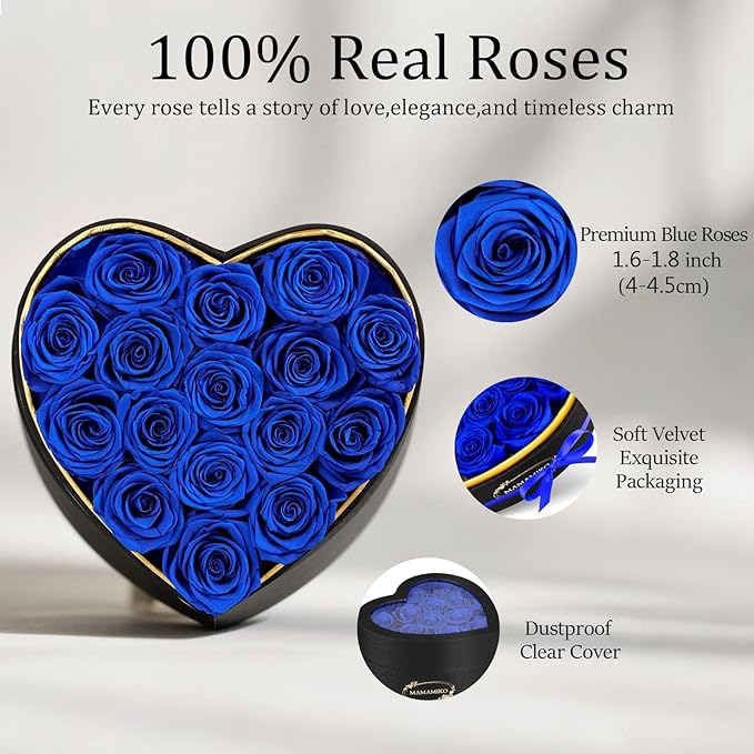 16 Preserved Roses in Heart Shape Gift Box for Her - Forever Flowers for Delivery, Eternal Rose Mothers Gifts for Mom, Wife Anniversary Birthday Gifts for Women, Blue