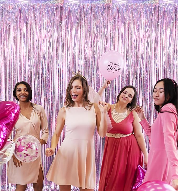 GOER 2 Pack 3.2 ft x 8.2 ft Metallic Tinsel Foil Fringe Curtains Party Photo Backdrop Party Streamers for Birthday,Graduation,New Year Eve Decorations Wedding Decor (Laser Pink)