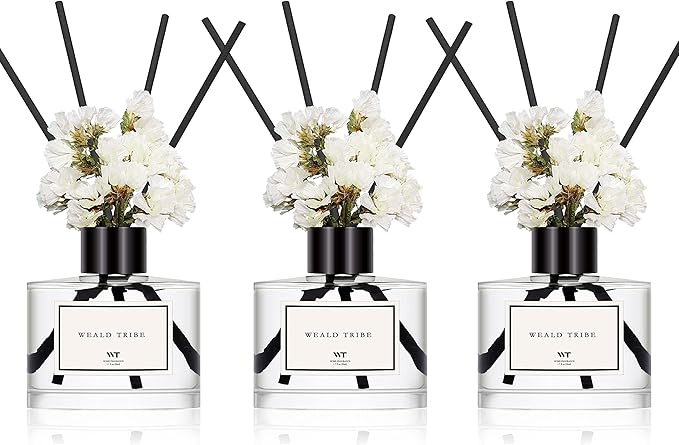 WEALD TRIBE Flower Reed Diffuser Set of 3 for Bathroom Accessories Shelf Decor & Air Fresheners, Stick Defusers | Velvet Vanilla, Hotel White Tea, Tahitian Crown Flower Scent(1.7oz/Pack) Office Gift