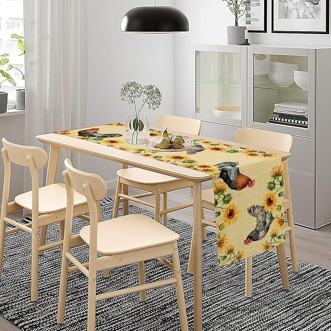 Rooster Sunflower Table Runner Vintage Farm Chicken Flower Dinner Runner for Country Farmhouse Home Kitchen Dinner Table Party Decoration 13x36in