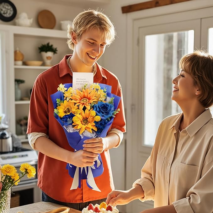 TINGE TIME Aritifical Flowers Bouquet, Sunflower&RoyalBlue Roses Gift Bouquet, Birthday Gifts for Women, Eternal Roses Bouquet for Grandma Wife Anniversary Graduation