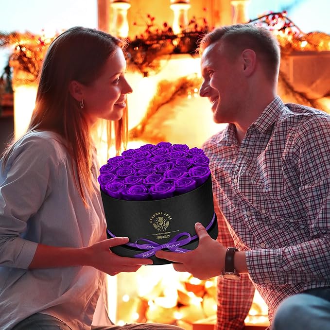 Forever Flowers, 27 Roses in A Box, Real Preserved Roses, Birthday Gift for Women, Mother's Day, Anniversary, Purple Rose