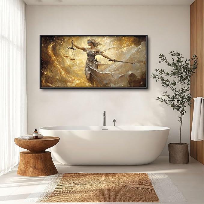 Lady Justice Large Wall Art Scales of Justice Pictures Wall Decor Themis Justitia Canvas Legal Principles Print Painting Modern Artwork Decoration for Lawyer Office Living Room Bedroom Bathroom Framed 60"x30"