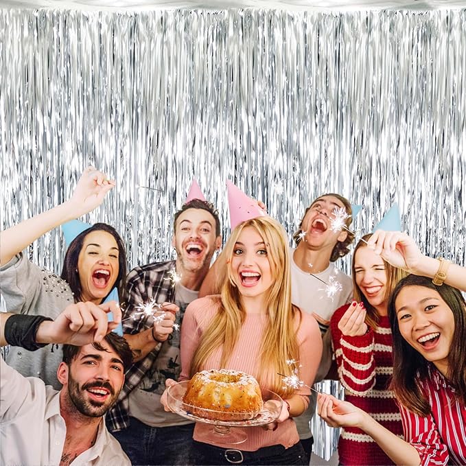 GOER 3.2 ft x 8.2 ft Metallic Tinsel Foil Fringe Curtains Party Photo Backdrop Party Streamers for Birthday,Graduation,New Year Eve Decorations Wedding Decor (4 Packs,Silver)