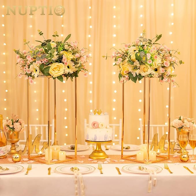 NUPTIO Gold Vases for Centerpieces Wedding - 2 Pcs 23.6 inch Tall Gold Vase Wedding Centerpieces for Tables - Geometric Gold Centerpieces for Table Flower Stand for Table Centerpieces for Weddings