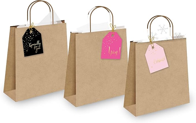 Pro Supply Global 24 Count of 2.5 Inch x 3 Inch Pre Strung Gold Confetti Gift Tag Assorted Printed Designs on Large Cardstock Gift Hang Tags - Ideal to Use on Bags