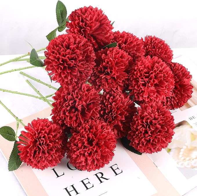 Hananona 12 Pcs Artificial Chrysanthemums Flowers Burgundy Red Flowers, Fake Mums Silk Flowers for Spring Home Decor Christmas Floral Arrangement Halloween Table Centerpiece (12, Burgundy)
