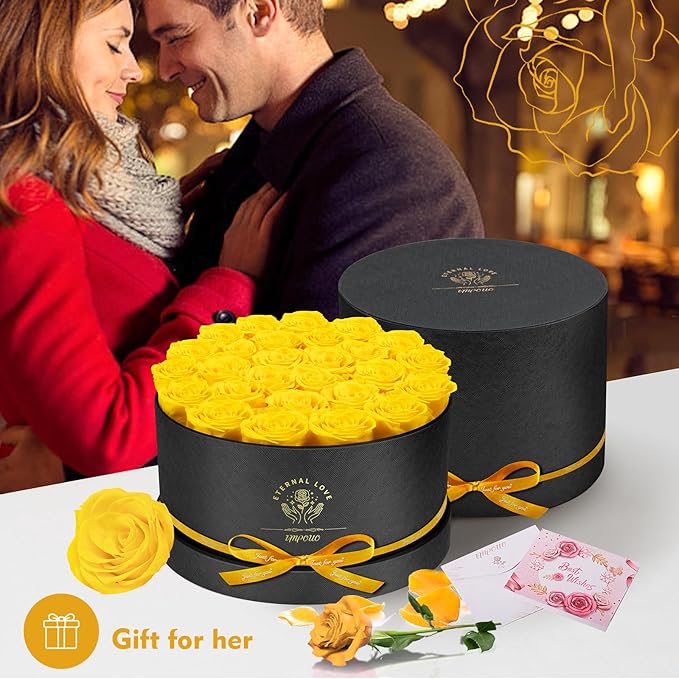 Forever Flowers 27 Roses in A Box, Real Preserved Roses, Birthday Gift for Women, Mother's Day, Anniversary Day - Yellow Rose
