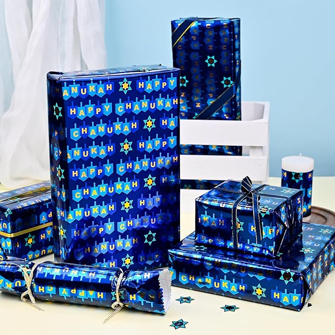 MAYPLUSS Reversible Wrapping Paper - Mini Roll - 17in * 32.8 Feet- Happy Hanukkah Lettering with Glitter Metallic Foil (47.3 sq.ft.ttl) for Chanukkah,Christmas