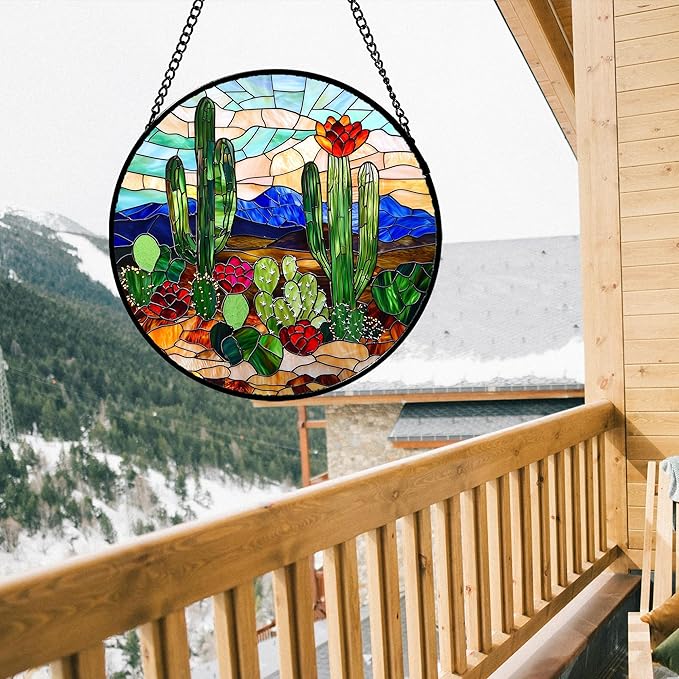Stained Glass Window Hanging, Green Cactus Suncatcher for Doors Window Home Plant Landscape Sun Catchers Decoration Mother's Day Birthday Gifts for Women, Men, and Mom 15 in