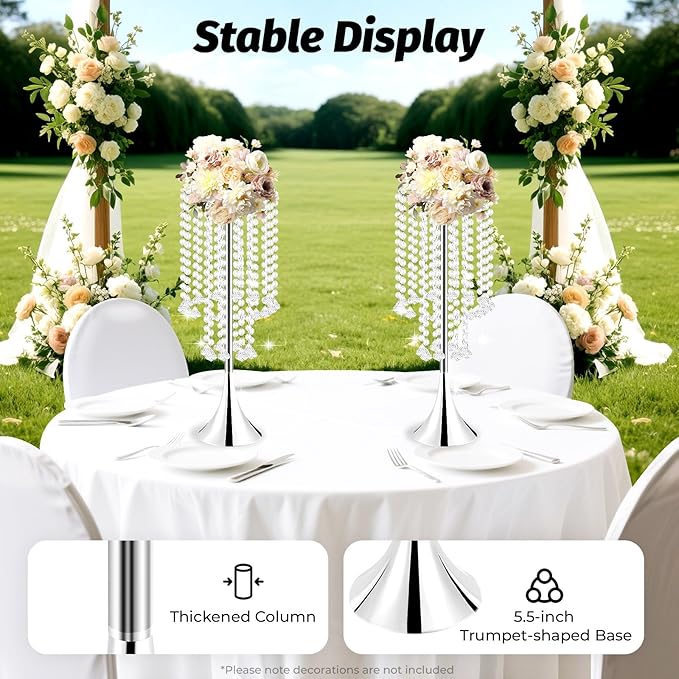 10 Pack 21.9"/55.6cm Tall Crystal Beaded Flower Stands, Metal Wedding Centerpiece Vases for Table/Aisle Decor - Reusable Event Centerpieces for Home, Party, Hotel (Silver)