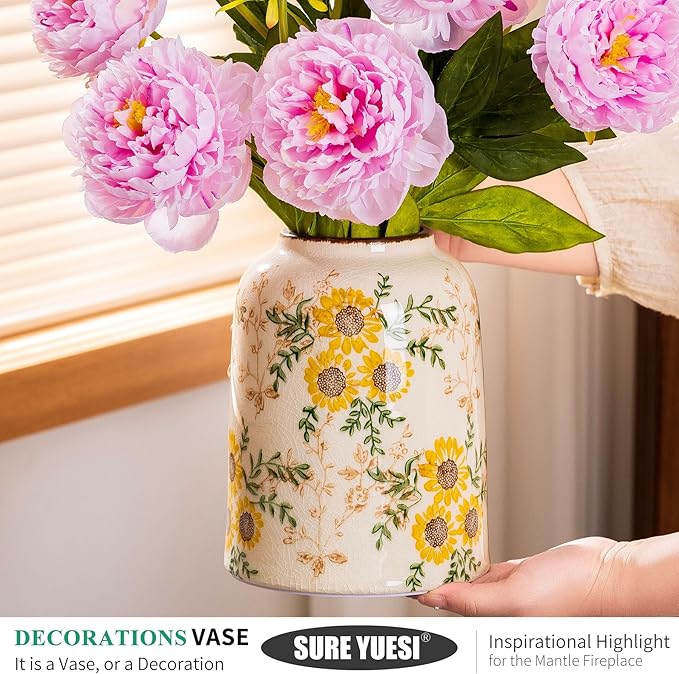 Sunflower Green and Beige Vase, Yellow Ceramic Vintage Vase Cottage Core Home Decor, Cute Floral Centerpiece Vases for Living Room, Bedroom, Kitchen, Table Grand Millennial Decors, Tuscan Decor 7.8In