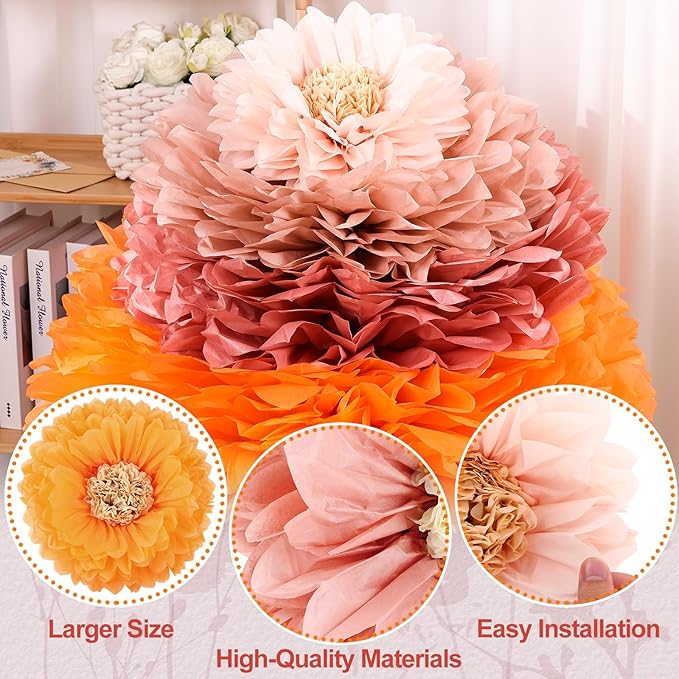 VAIPI 12 Pcs Giant Tissue Paper Flowers Decorations, 30'' 24'' 20'' 12'' Large Crepe Paper Flowers Colorful Pom Poms DIY Craft for Wedding Baby Shower Birthday Party Wall Backdrop Decor