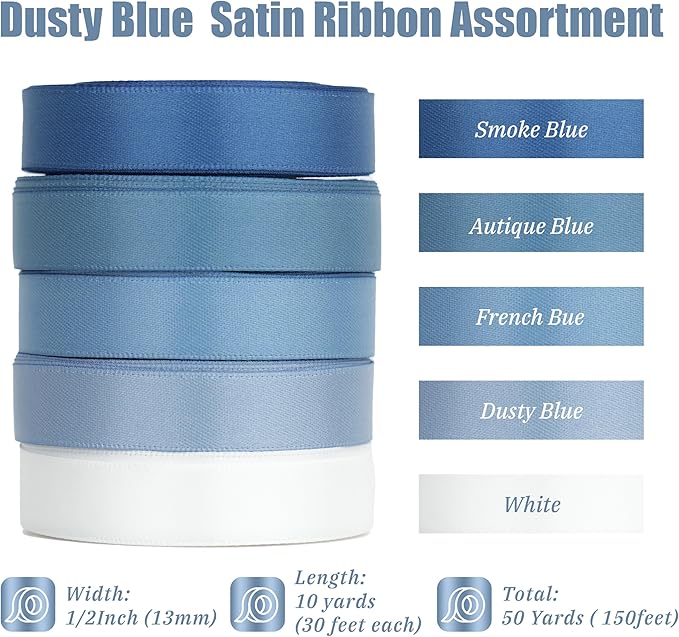 Dusty Blue Satin Ribbon 1/2 Inch Blue Ribbon for Gift Wrapping 5 Rolls Assortment French Blue Wedding Ribbon for DIY Crafts Blue Wedding Decor - 50Yards