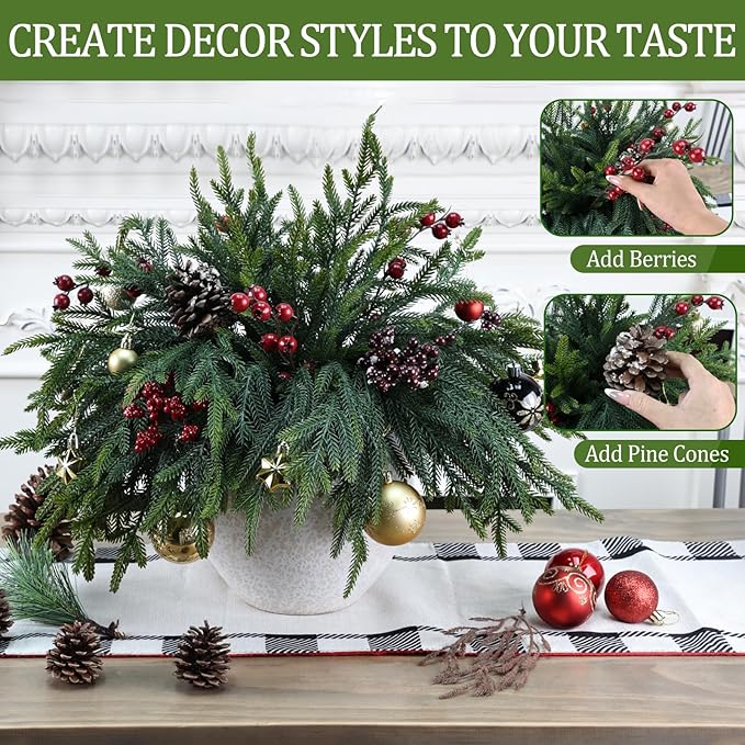 24 Pcs Pine Branches - Real Touch Artificial Pine Stems - Christmas Greenery Picks for DIY Wreaths Garlands Vase Arrangements, Indoor Outdoor Christmas Decor