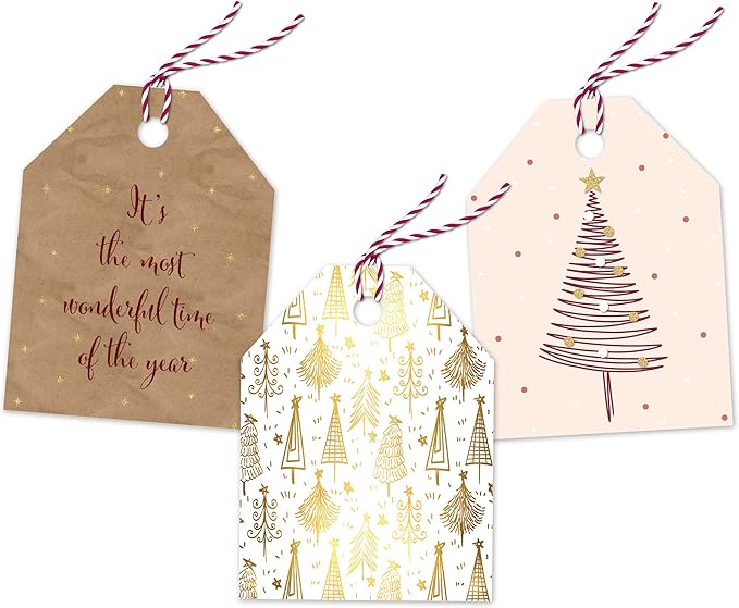 Pro Supply Global 24 Count of 2.5 Inch x 3 Inch Pre Strung Gold Christmas Trees Gift Tag Assorted Printed Designs on Large Cardstock Gift Hang Tags - Ideal to Use on Bags