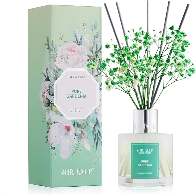 Airkeep Reed Diffuser Set,3.38 fl oz (100 ml) - Pure Gardenia Oil Diffusers with 8 Reed Sticks, Home Fragrance Reed Diffuser for Bathroom Shelf Decor