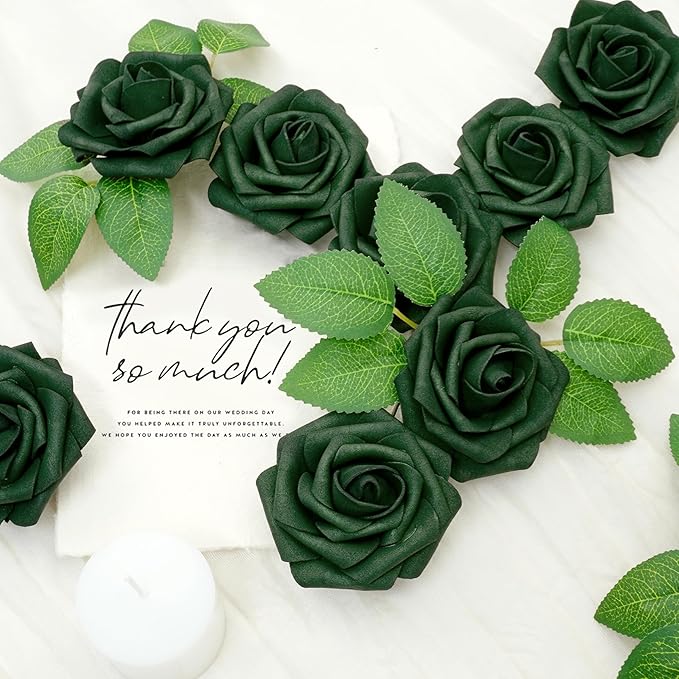 Artificial Flowers, 25pcs Hunt Green Artificial Roses Flowers with Stems Real Touch Fake Roses for DIY Wedding Bouquet Centerpiece Bridal Shower Baby Shower Home Decoration