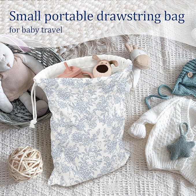 DSHFG Light Blue Toile Chinoiserie Floral Birthday Drawstring Gift Wrap Bags, Chinoiserie Baby Shower Drawstring Gift Bags Canvas, Small Happy Birthday Bag, Gifts for Women, 10x13 Inch